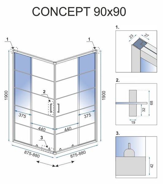 Rea - Concept zuhanykabin tolóajtóval 90 x 90 cm, fekete profil - átlátszó üveg 5 mm, REA-K5478