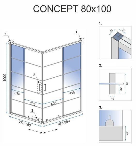 Rea - Concept zuhanykabin tolóajtóval 80 x 100 cm, fekete profil - átlátszó üveg 5 mm, REA-K6389