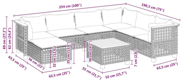VidaXL 8 részes fekete polyrattan kerti ülőgarnitúra párnákkal