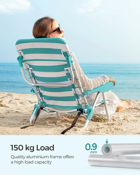 SONGMICS Hordozható strandszék 4-pozíciós összecsukható háttámlával, kartámlákkal, max. 150 kg, Fehér Zöld