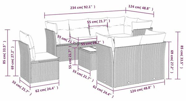 VidaXL Polyrattan Kerti Ülőgarnitúra - 9 részes - Fekete