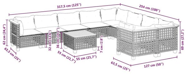 VidaXL 10 részes fekete polyrattan kerti ülőgarnitúra párnákkal