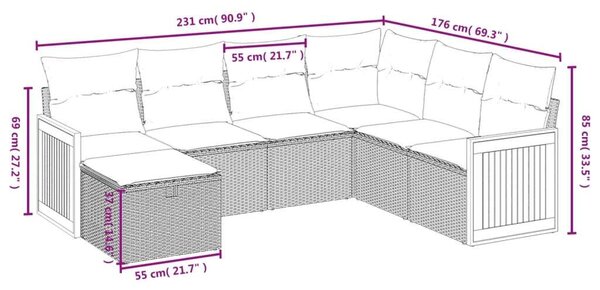 Polyrattan Kerti Ülőgarnitúra - 7 részes - Fekete