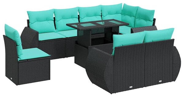 VidaXL 9 részes fekete polyrattan akácfa kerti ülőgarnitúra párnákkal