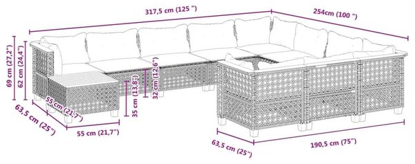 VidaXL Polyrattan Kerti Ülőgarnitúra - 11 részes - Fekete