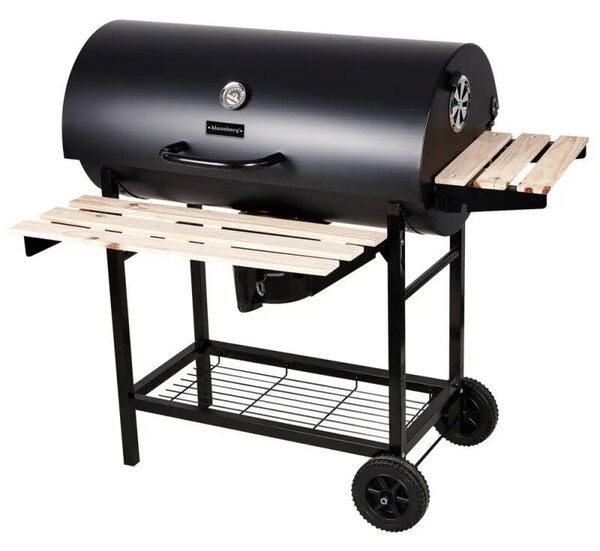 Klausberg KB 9033 faaszagos grillsütő, zárható fedél, hőmérő, oldalsó polcok, hamutartó fiók, kerekek, acél, fekete