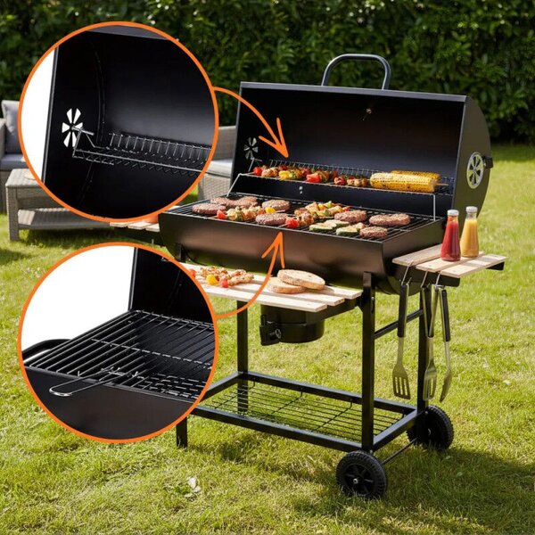 Klausberg KB 9033 faaszagos grillsütő, zárható fedél, hőmérő, oldalsó polcok, hamutartó fiók, kerekek, acél, fekete