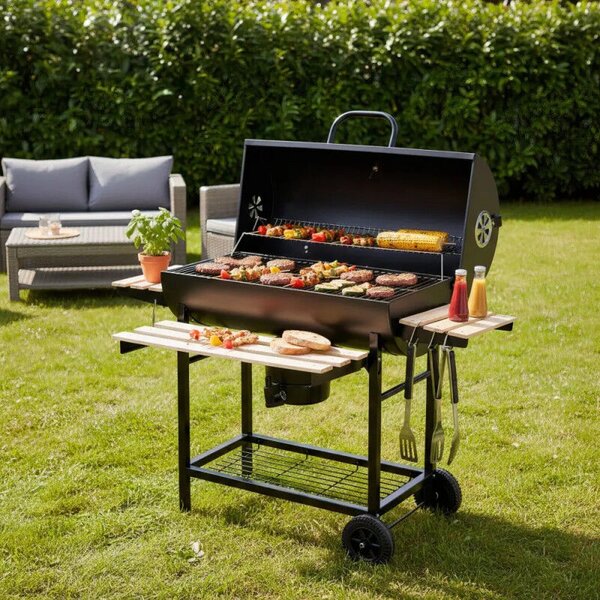 Klausberg KB 9033 faaszagos grillsütő, zárható fedél, hőmérő, oldalsó polcok, hamutartó fiók, kerekek, acél, fekete