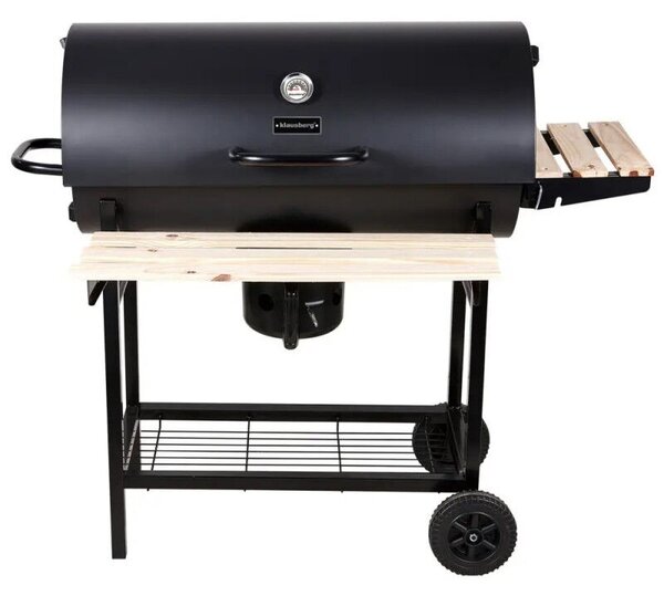 Klausberg KB 9033 faaszagos grillsütő, zárható fedél, hőmérő, oldalsó polcok, hamutartó fiók, kerekek, acél, fekete