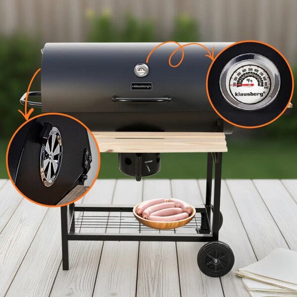 Klausberg KB 9033 faaszagos grillsütő, zárható fedél, hőmérő, oldalsó polcok, hamutartó fiók, kerekek, acél, fekete