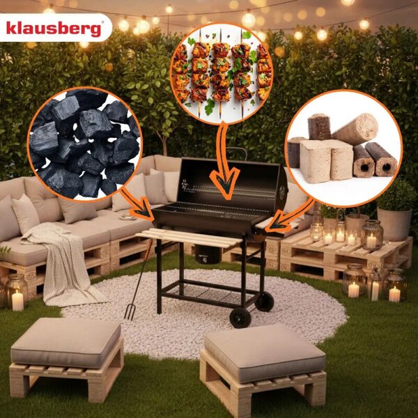 Klausberg KB 9033 faaszagos grillsütő, zárható fedél, hőmérő, oldalsó polcok, hamutartó fiók, kerekek, acél, fekete