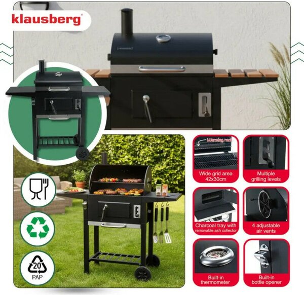 Klausberg KB 9034 fafahós széngrill, kémény, szabályozható szellőzés, hamutartó fiók, hőmérő, kerekek, acél, fekete
