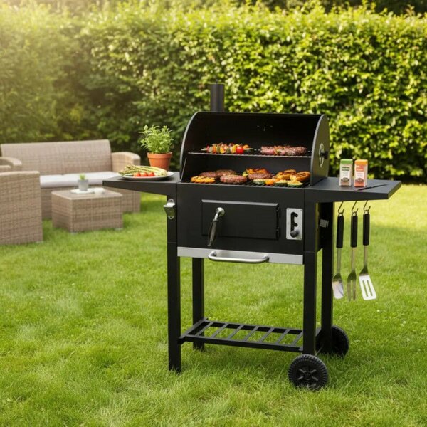 Klausberg KB 9034 fafahós széngrill, kémény, szabályozható szellőzés, hamutartó fiók, hőmérő, kerekek, acél, fekete