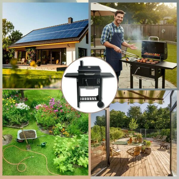 Klausberg KB 9034 fafahós széngrill, kémény, szabályozható szellőzés, hamutartó fiók, hőmérő, kerekek, acél, fekete