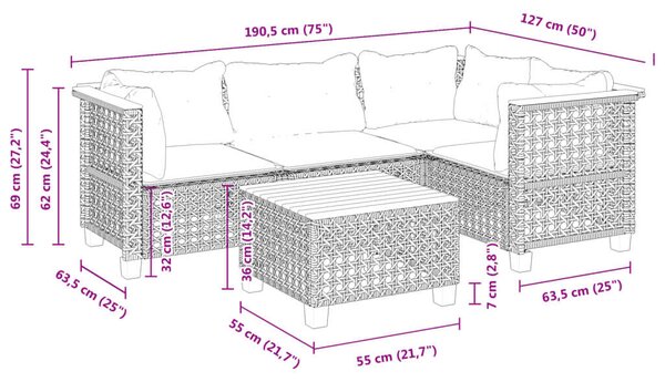 VidaXL 5 részes fekete polyrattan kerti kanapészett párnákkal