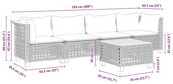 VidaXL 5 részes Kerti Kanapé szett - Fekete Polyrattan