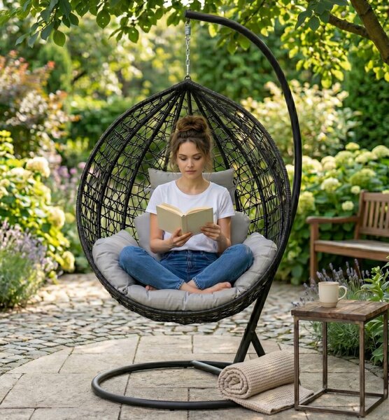 Funfit Garden egyszemélyes technorattan Függőfotel párnákkal - Fekete