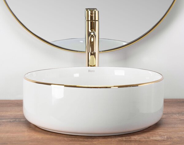 Rea Sami Gold Edge, asztali mosogató 36x36 cm, fehér-arany, REA-U6758