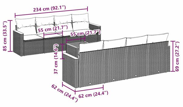 VidaXL Polyrattan Kerti Ülőgarnitúra - 9 részes - Fekete