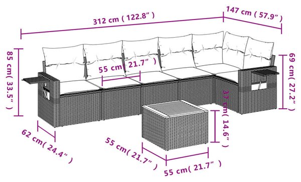Polyrattan Kerti Ülőgarnitúra - 7 részes - Szürke
