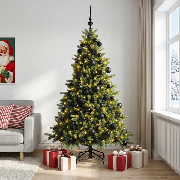Műkarácsonyfa gömbbel 180 cm 300 LED Meleg fehér PVC és fém