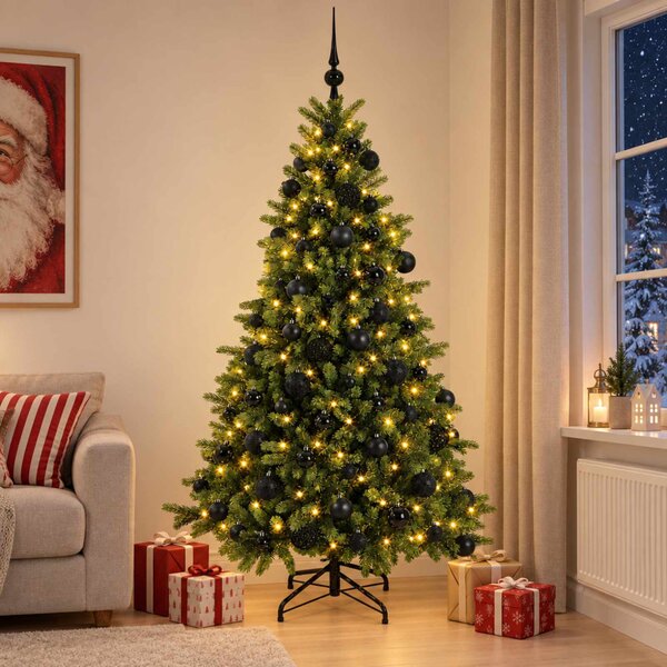 Műkarácsonyfa gömbbel 180 cm 300 LED Meleg fehér PVC és fém