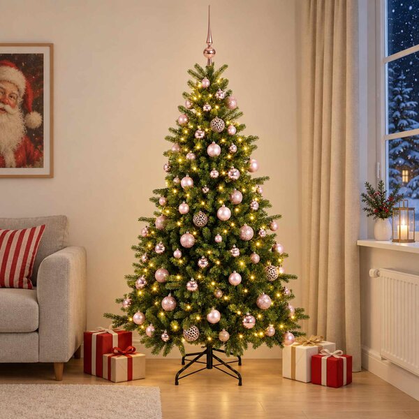 Műkarácsonyfa gömbbel 180 cm 300 LED Meleg fehér PVC és fém
