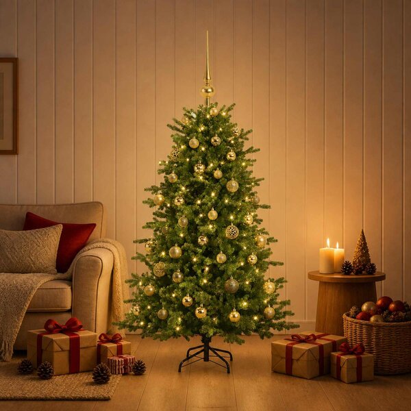 Műkarácsonyfa gömbbel 120 cm 150 LED Meleg fehér PVC és fém