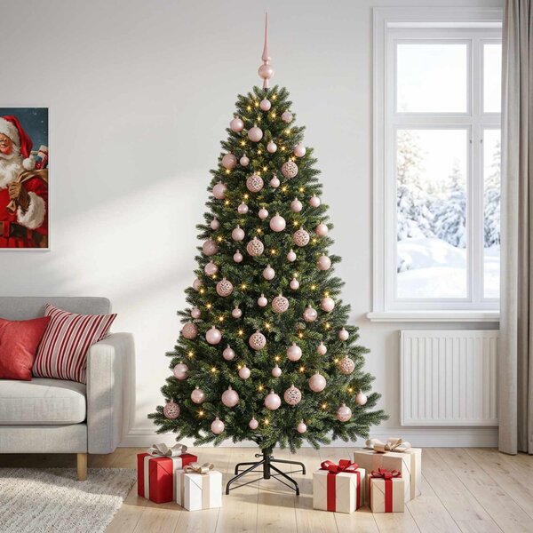 Műfenyő gömbökkel 180 cm 300 LED Meleg fehér PVC és fém Zöld