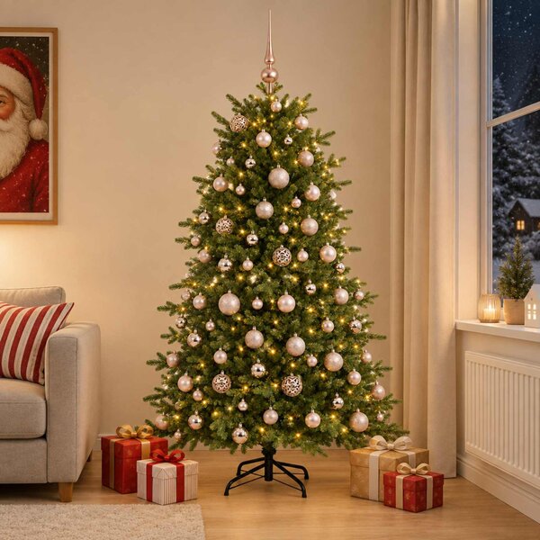 Műkarácsonyfa gömbbel 180 cm 300 LED Meleg fehér PVC és fém