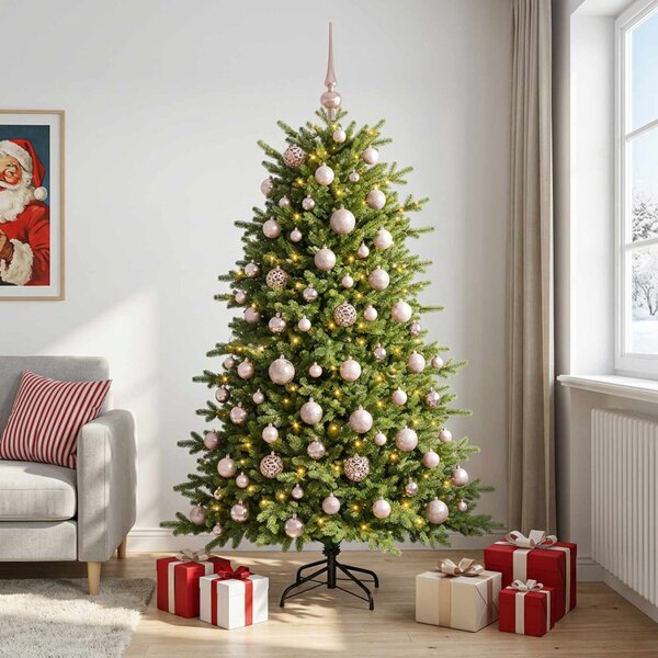 Műkarácsonyfa gömbbel 180 cm 300 LED Meleg fehér PVC és fém