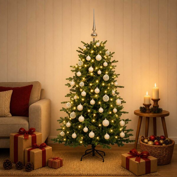 Műkarácsonyfa gömbbel 120 cm 150 LED Meleg fehér PVC és fém