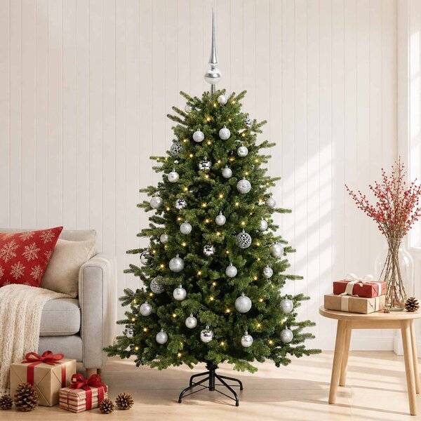 Műkarácsonyfa gömbbel 120 cm 150 LED Meleg fehér PVC és fém