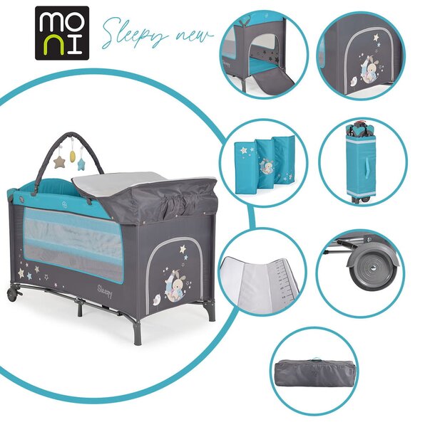 Moni Sleepy összecsukható luxus utazóágy 2 szint+pelenkázó+ játék türkiz