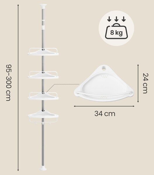 SONGMICS 4 szintet teleszkópos zuhanypolc, állítható magasság (95-300 cm), rozsdamentes acél, fehér