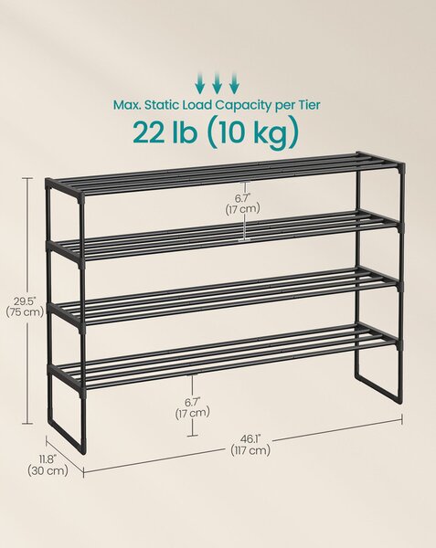 SONGMICS 4 szintes keskeny cipőállvány – 25–30 pár, fekete, 117 cm, egymásra rakható
