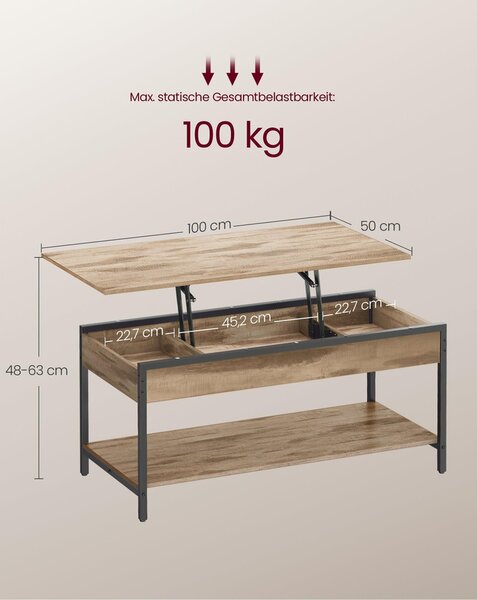 VASAGLE állítható magasságú dohányzóasztal rejtett rekeszekkel, 50 x 100 cm, teveszürke és tintafekete
