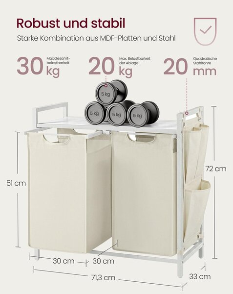 VASAGLE 2 rekeszes szennyestartó kosár polccal, 2 x 46 L, krémfehér
