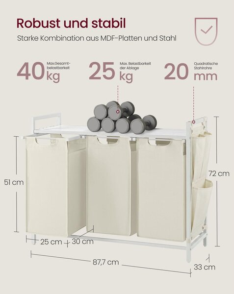 VASAGLE 3 rekeszes szennyestartó kosár polccal, 3 x 40 L, krémfehér