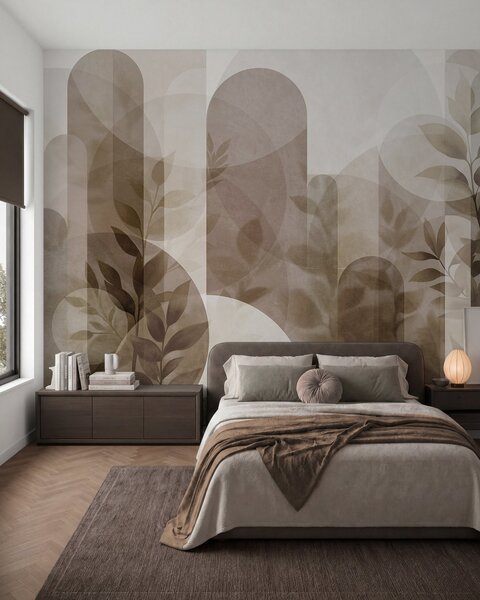 Fotótapéta Absztrakt geometriai elemek és finom levelek tompa barna és bézs színekben, Fotótapéta modern, w10088 : Uwalls.hu