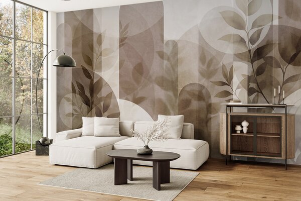 Fotótapéta Absztrakt geometriai elemek és finom levelek tompa barna és bézs színekben, Fotótapéta modern, w10088 : Uwalls.hu