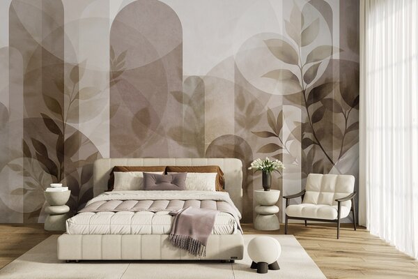 Fotótapéta Absztrakt geometriai elemek és finom levelek tompa barna és bézs színekben, Fotótapéta modern, w10088 : Uwalls.hu