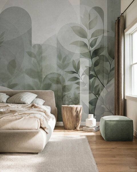 Fotótapéta Absztrakt geometriai elemek és finom levelek tompa zöld színben, Fotótapéta modern, w10088v1 : Uwalls.hu