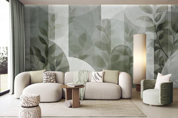 Fotótapéta Absztrakt geometriai elemek és finom levelek tompa zöld színben, Fotótapéta modern, w10088v1 : Uwalls.hu