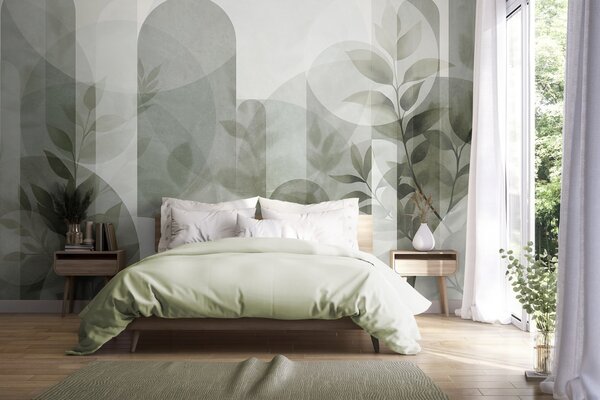 Fotótapéta Absztrakt geometriai elemek és finom levelek tompa zöld színben, Fotótapéta modern, w10088v1 : Uwalls.hu