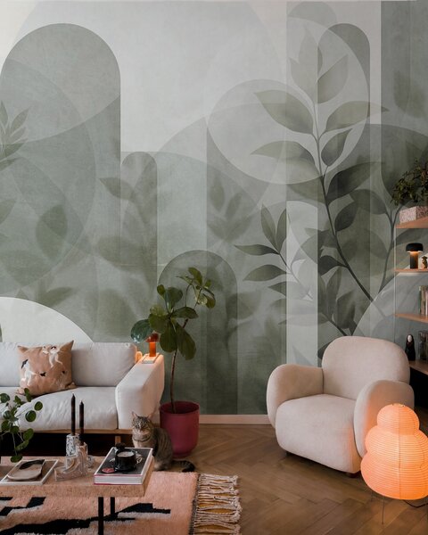 Fotótapéta Absztrakt geometriai elemek és finom levelek tompa zöld színben, Fotótapéta modern, w10088v1 : Uwalls.hu