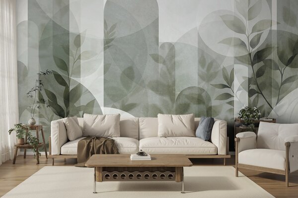 Fotótapéta Absztrakt geometriai elemek és finom levelek tompa zöld színben, Fotótapéta modern, w10088v1 : Uwalls.hu