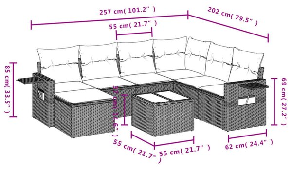 VidaXL 8 részes fekete polyrattan kerti ülőgarnitúra párnákkal