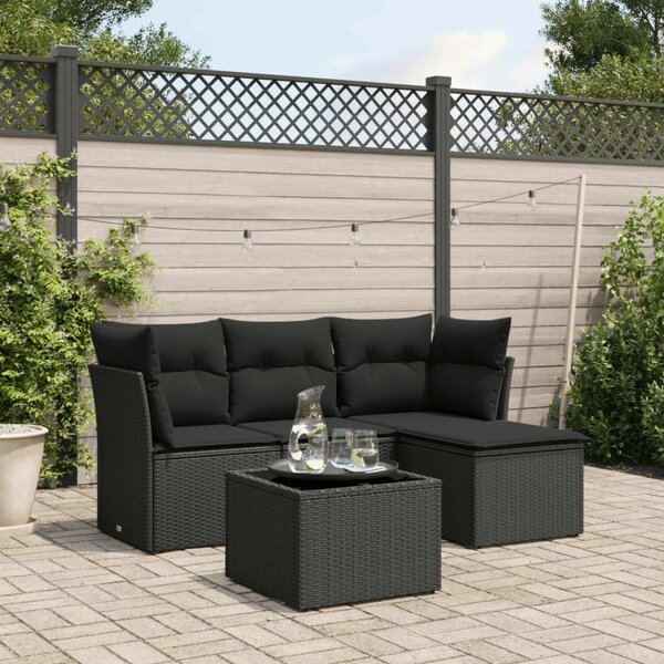 VidaXL 5 részes fekete polyrattan kerti kanapészett párnákkal