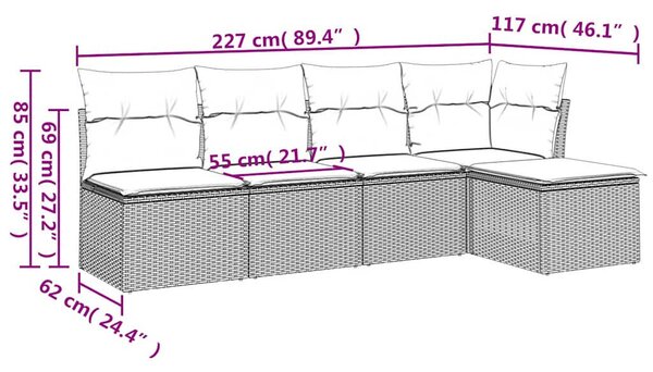 VidaXL 5 részes fekete polyrattan kerti kanapészett párnákkal